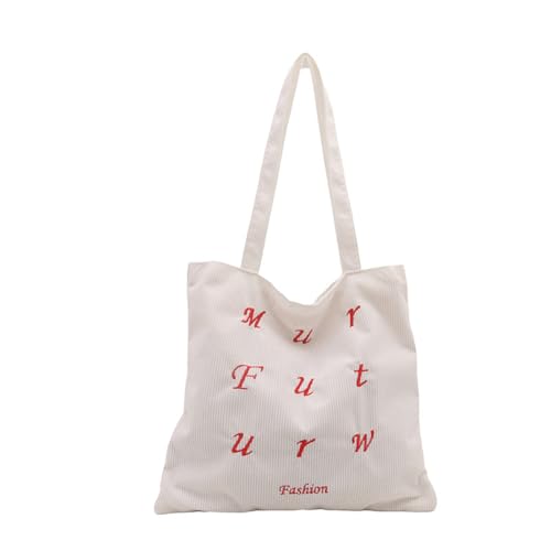 Dasbsug Stilvolle Cord-Handtasche mit großem Fassungsvermögen für Studentinnen und Pendler, modische Buchstaben, bestickt, Schultertasche, Umhängetasche, weiß, One Size von Dasbsug