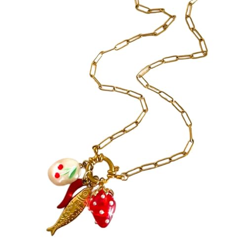Dasbsug Stilvolle Keramik-Glasperlen-Charm-Halskette, Fisch-Erdbeer-Chili-Anhänger, Schlüsselbeinkette, Party-Zubehör für Mädchen, verspielter Fisch und Obst-Anhänger von Dasbsug