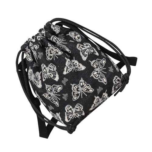 Dasbsug Traditionelle Jacquard-Tasche aus Segeltuch mit Schmetterlingsdruck, verstellbarer Schultergurt, Kordelzug, Eimer für Arbeit, Reisen, geräumiger Eimer mit verstellbarem Riemen, Schwarz , One von Dasbsug