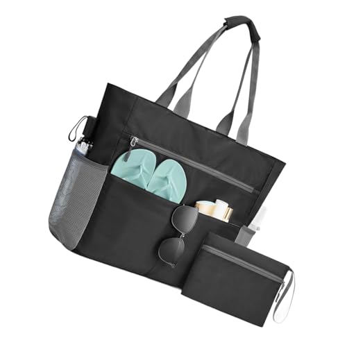 Dasbsug Wasserdichte sanddichte große Kapazität, faltbare Strandtasche mit ergonomischem Griff für Reisen, Pool und Genuss, Strandtasche mit sandabweisender Tasche, Schwarz , One Size von Dasbsug