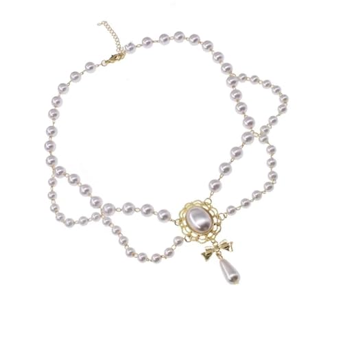 Dasbsug Zarte zweilagige Halskette im antiken Stil, Kunstperlen, Lariat-Halskette, formelle Kleidung, Schmuck für Hochzeiten, Abendveranstaltungen, Hochglanzperlen, Statement-Halskette von Dasbsug