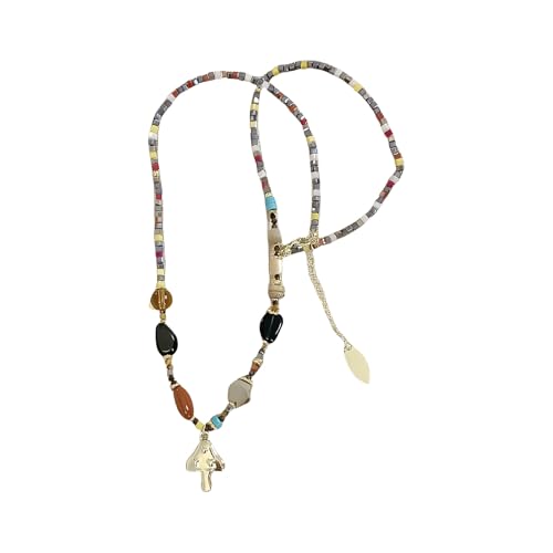 Elegante Retro-Perlen-Halskette mit Naturstein-Akzent, handwerklich gefertigter Pilz-Anhänger, Wintermodeschmuck, Geschenk, französischer Natursteinschmuck von Dasbsug