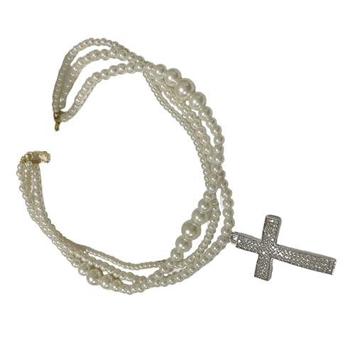 Elegante Strass-Kreuz-Halskette mit mehrsträngigen Kunstperlen, Schlüsselbeinkette für Freizeitkleidung und luxuriöse, modische Kreuz-Anhänger von Dasbsug