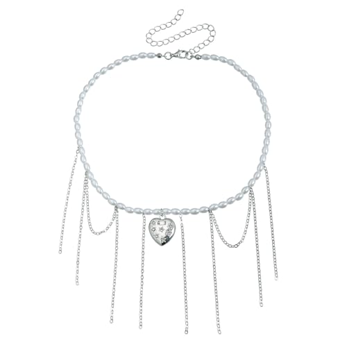 Halskette mit Anhänger aus Legierung im Vintage-Stil mit Zirkonia-Anhängern, abnehmbare Quasten für alltägliche Eleganz, allergiebeständige Metalllegierung, Herz-Anhänger von Dasbsug