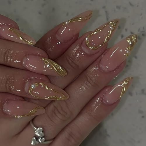 Künstliche Nägel zum Aufdrücken, Mandelkleber, französische Designs, künstliche Geschenke für Frauen und Mädchen, 24 Stück von Dasbsug