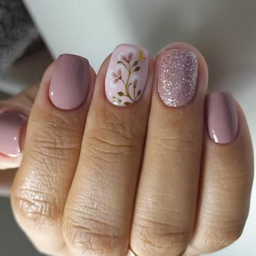 Künstliche Nägel zum Aufkleben, kurz, quadratisch, glitzernd, zum Aufkleben, für Damen und Mädchen, 24 Stück von Dasbsug