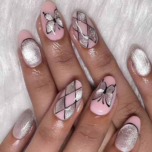 Press on Nails French Tip Katzenauge, falsch mit Schmetterlings-Designs, kurze Mandel, zum Aufkleben, für Damen und Mädchen, Nagelkunst von Dasbsug