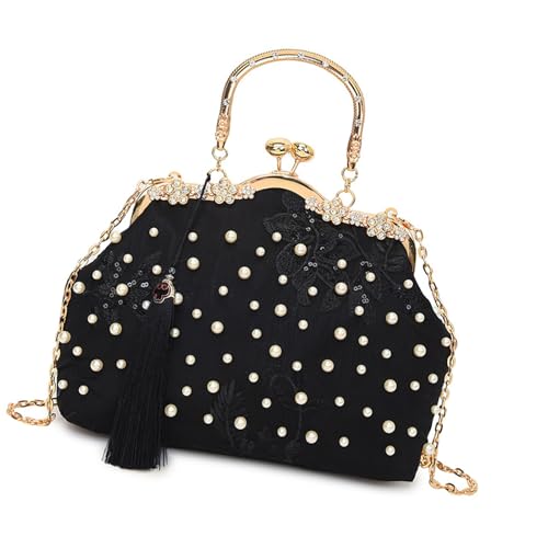 Schultertasche mit Stickerei, Blumenmuster, mit Kettenriemen, Mehrzweck-Abendtasche, modische Crossbody-Tasche für verschiedene Anlässe, Schwarz, Schwarz , One Size von Dasbsug