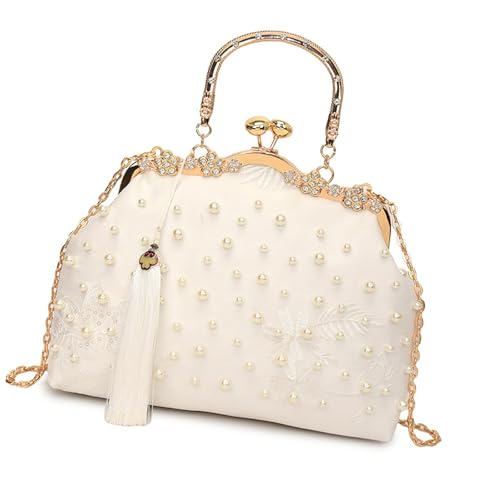 Schultertasche mit Stickerei, Blumenmuster, mit Kettenriemen, Mehrzweck-Abendtasche, modische Crossbody-Tasche für verschiedene Anlässe, Schwarz, weiß, One Size von Dasbsug