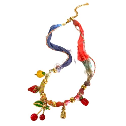 Sommerfrische Obst-Charm-Halskette, zierliche Edelstahlkette mit Plüschkordel für lässige Outfits, Partys, Obst-Themen-Modeschmuck von Dasbsug