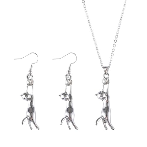 Trendsetzende Zirkon-Katzen-Ohrringe und passende Halskette, baumelnde Ohrringe mit funkelnden Zirkonia-Steinen für Frauen, kreative Schmuckdesigns von Dasbsug