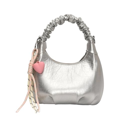 Umhängetasche aus strukturiertem PU-Leder mit abnehmbarem Charm, geräumige Fächer für den täglichen Gebrauch, modische Umhängetasche für Damen, silber, One Size von Dasbsug