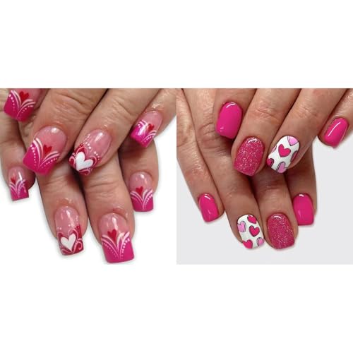 Valentine Press On Nails zum Aufkleben auf künstliche künstliche quadratische französische Spitzen, 12 Größen für Damen, zum Aufkleben auf künstliche Nägel von Dasbsug