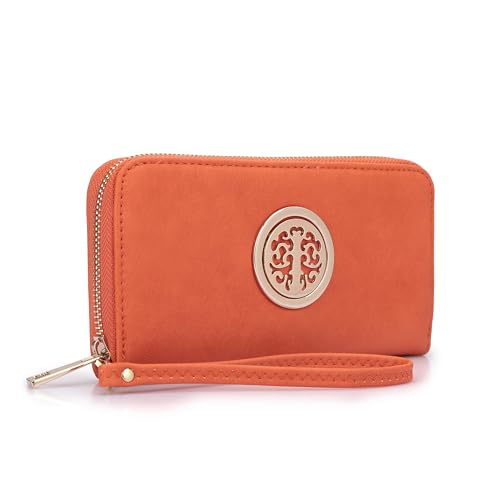 Dasein Damen-Geldbörse, Geldbörse, Reißverschluss, Clutch, Handyhülle, mit Handgelenkschlaufe, mehrere Kartenhalter, Orange/Abendrot im Zickzackmuster (Sunset Chevron) von Dasein