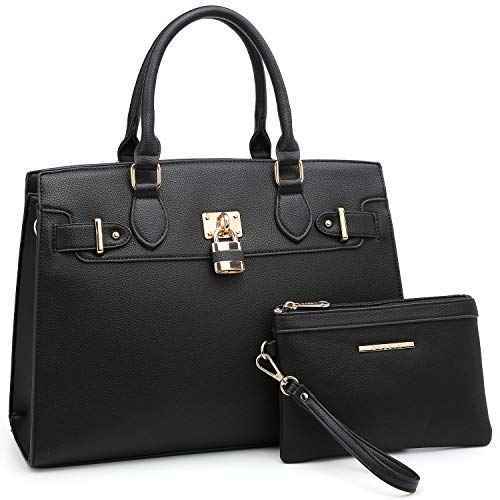 Dasein Damen-Handtaschen und Geldbörsen, Damen-Schultertasche, Tragegriff oben, Arbeitstasche mit passender Clutch, 23- Schwarz, Decorative Lock Style von Dasein