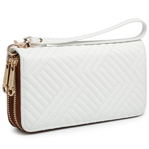 Dasein RFID-blockierende Geldbörse für Damen, großes Fassungsvermögen, Handgelenk-Clutch, mehrere Kartenhalter, Handyhülle mit Handgelenkschlaufe, Weiß gesteppt von Dasein