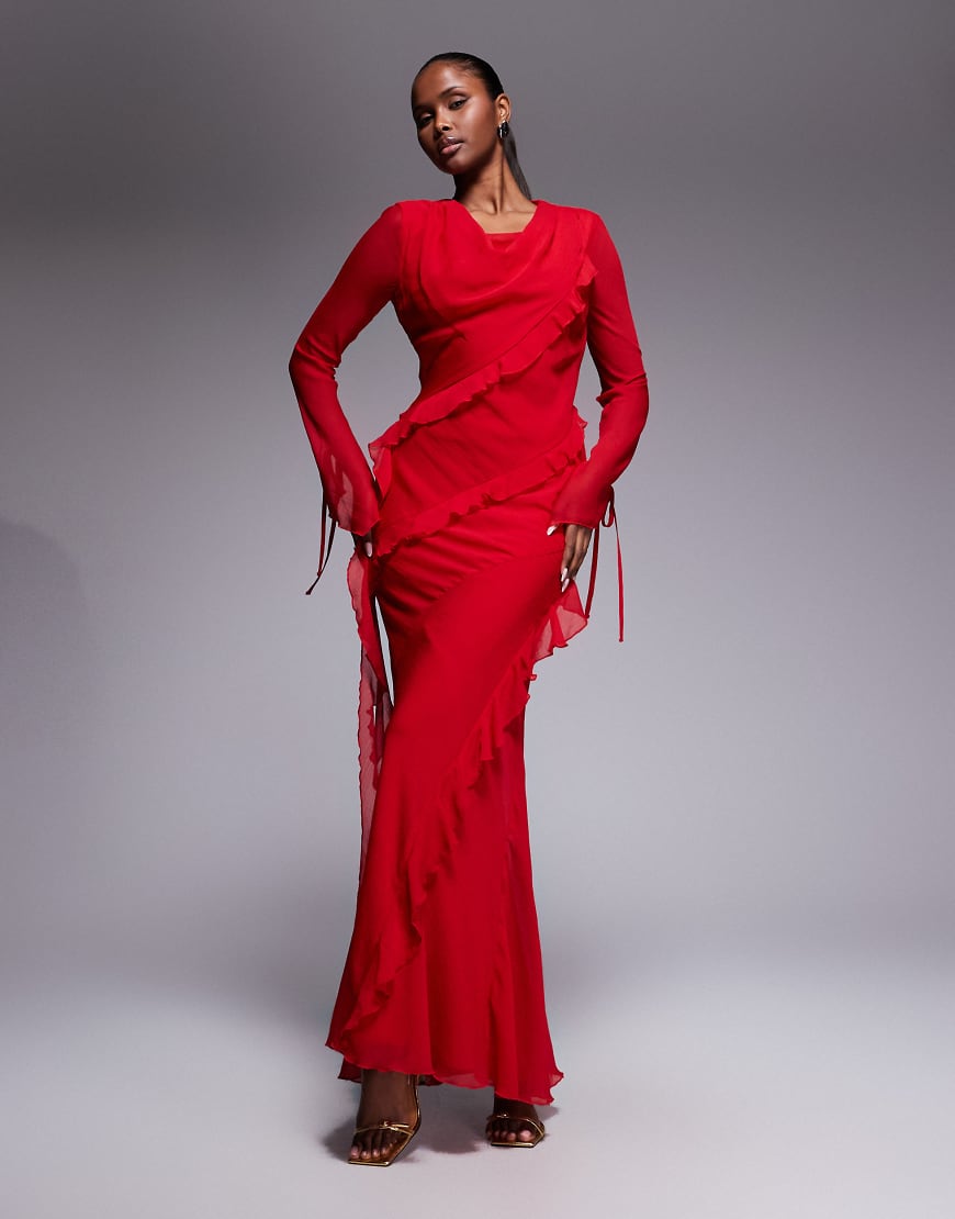 Daska - Chiffon-Maxikleid in Rot mit Rüschen von Daska