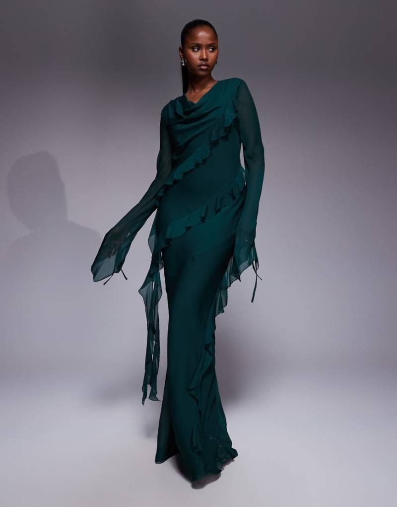 Daska - Chiffon-Maxikleid in Smaragdgrün mit Rüschen von Daska