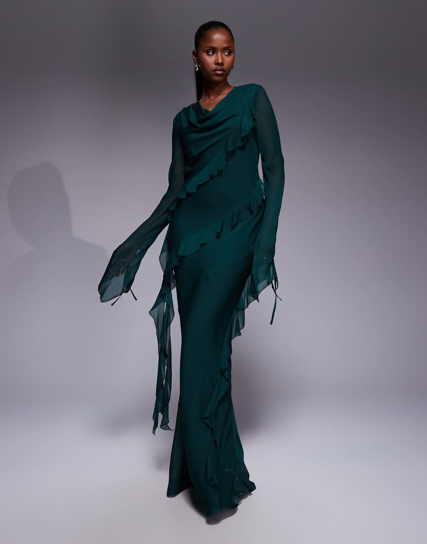 Daska - Chiffon-Maxikleid in Smaragdgrün mit Rüschen von Daska