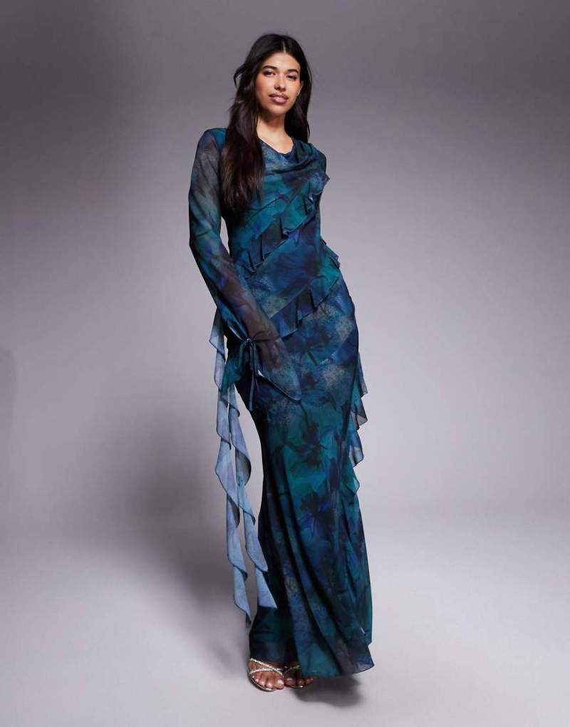 Daska - Chiffon-Maxikleid mit Rüschen und dunklem Blumenmuster-Bunt von Daska