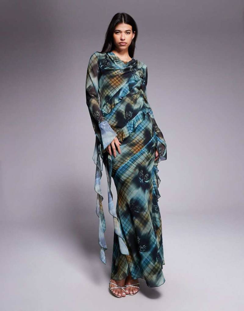 Daska - Chiffon-Maxikleid mit Schottenkaro und Rüschen-Bunt von Daska