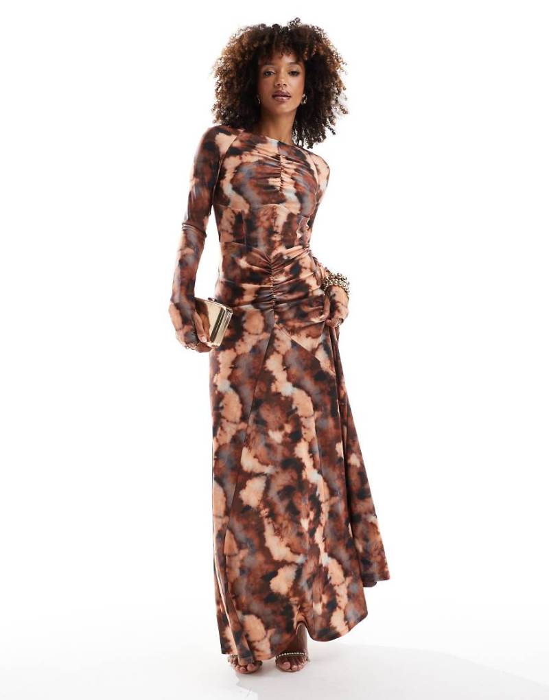 Daska - Jersey-Maxikleid mit Raffung und dunklem Muster-Bunt von Daska