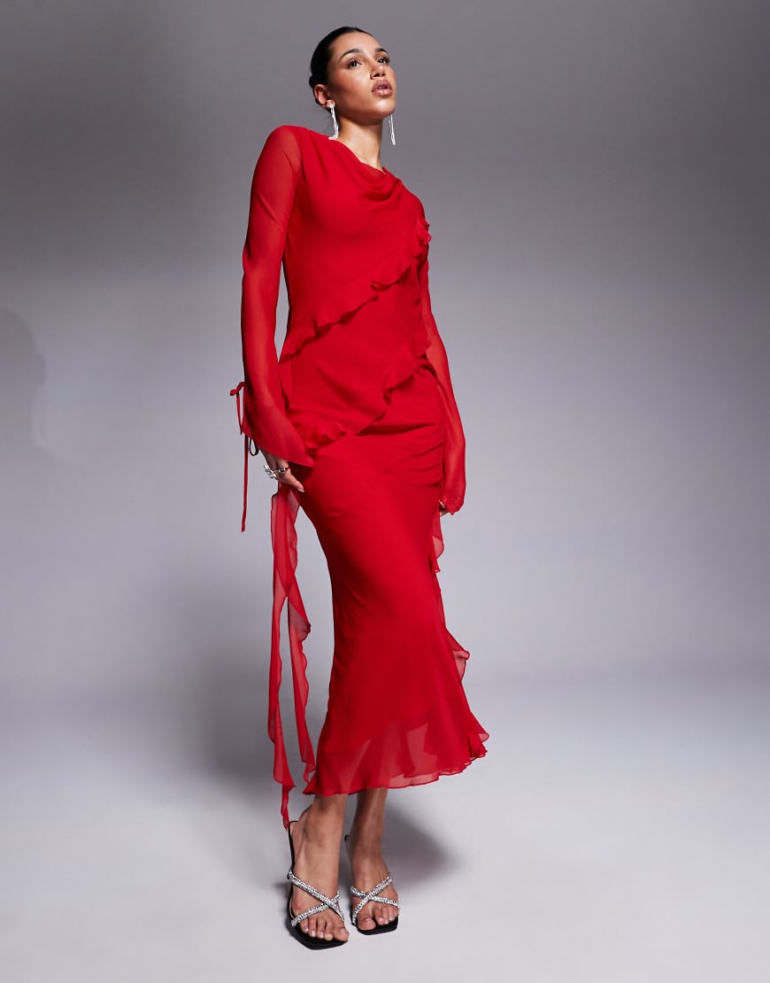 Daska - Maxikleid aus Chiffon in Rot mit Rüschendetail von Daska