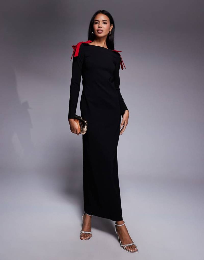 Daska - Maxikleid in Schwarz mit roten Schulterschleifen von Daska