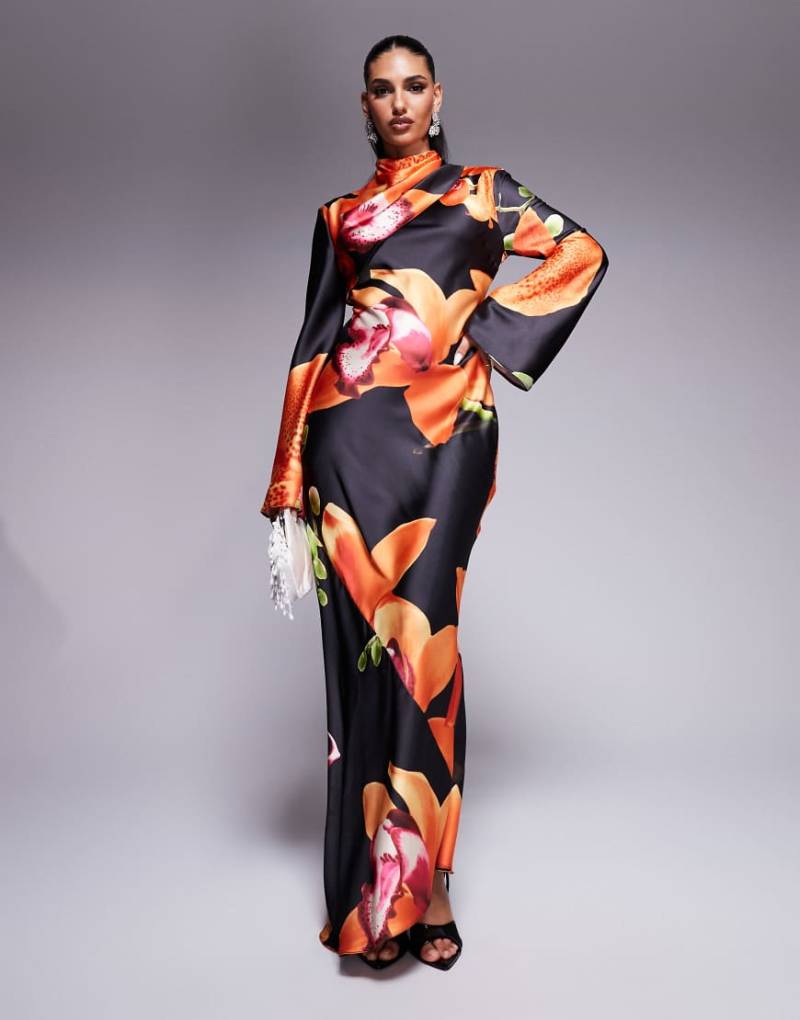 Daska - Satin-Maxikleid mit Blumenmuster auf dunklem Untergrund-Bunt von Daska