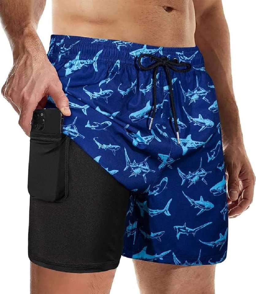 Daskoo Badeshorts Herren Badehose mit Kompressionsfutter, schnell trocknende Boardshorts Trainingsshorts mit verstellbarem Taillenkordelzug und Taschen von Daskoo