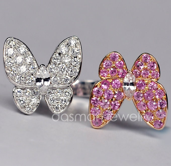 Diamant Rosa Saphir Ring Für Frauen/Offene Manschette Schmetterling Massiver 18K Zweifarbiger Goldring Natur Inspirierter Natürlicher Edelstein von DasmanJewelry