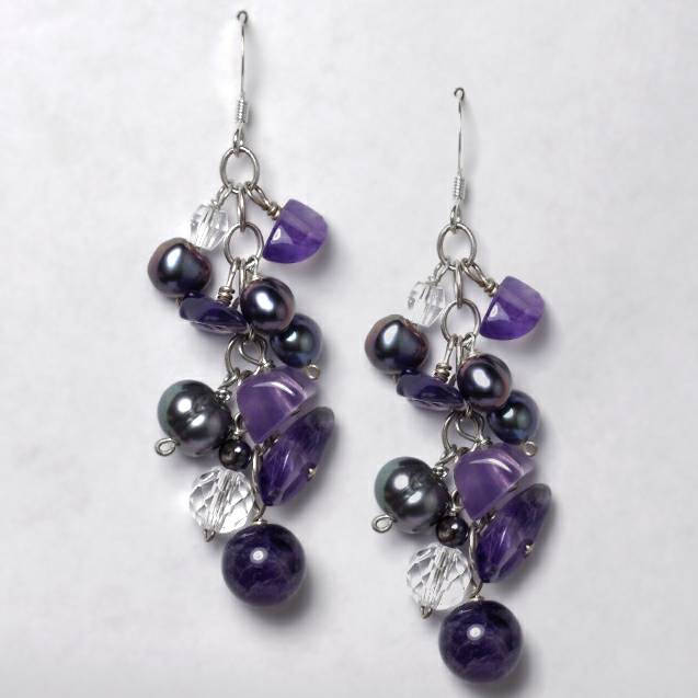 Lila Amethyst Kristall Perle Haken Ohrringe Sterling Silber Frauen, Einzigartige Vintage Natürliche Februar Birthstone Schmuck von DasmanJewelry