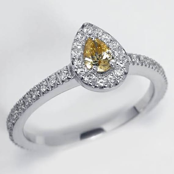 Natürliche Birne Gelb Diamant Halo Solitär Ring 18K Weißgold Frauen, Benutzerdefinierte Hochzeit Aussage Schmuck, Geschenk Für Ihre Braut von DasmanJewelry