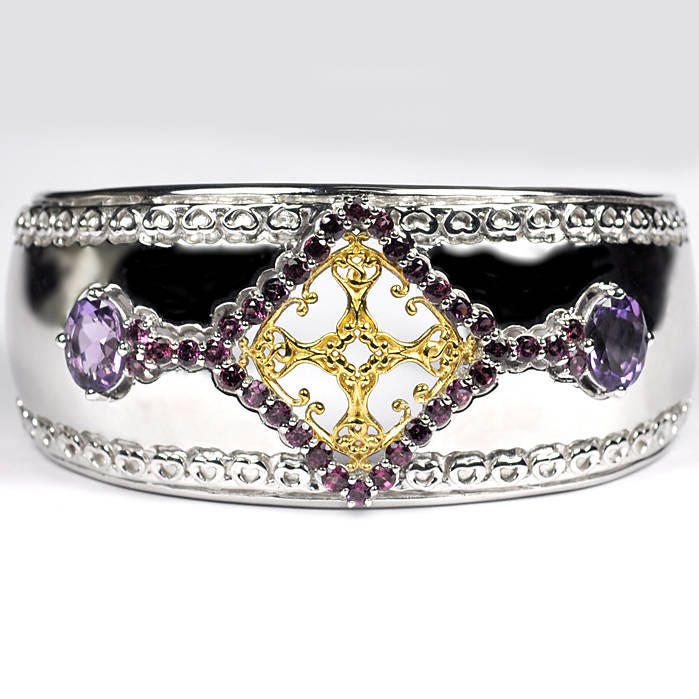 Natürliche Granat Amethyst Offene Manschette Breite Armband, Sterling Silber Armreif Für Frauen, Benutzerdefinierte Vintage Statement Edelstein von DasmanJewelry