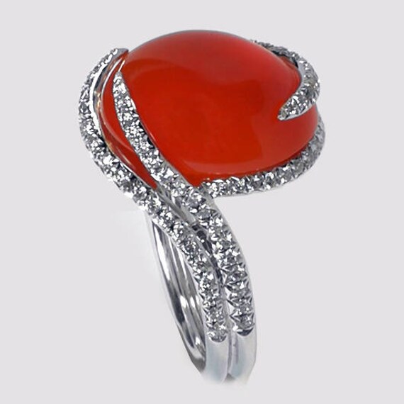 Orange Rot Cabochon Karneol Diamant Ring 14K Weißgold Frauen, Benutzerdefinierte Vintage Natürlichen Edelstein Schmuck von DasmanJewelry