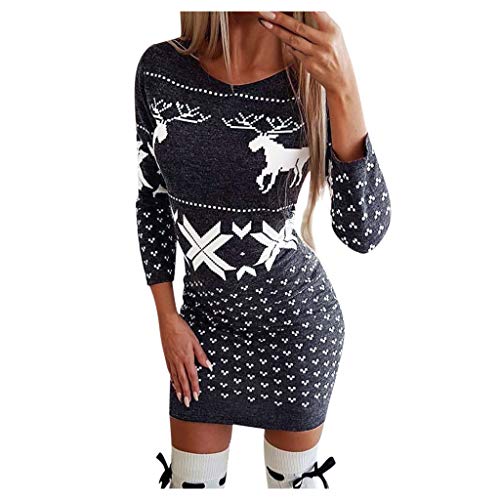 Damen Happy Halloween Weihnachten Kleid Frauen Langarm Rentiermuster Druck Vintage Kleid Abend Party Clubbing Karneval Cosplay Eleganten Weihnachtskleid Swing Kleid Winter Christmas Sweater Geschenk von Dasongff