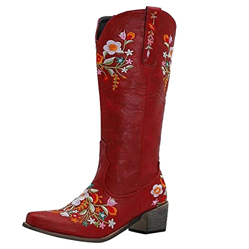 Damen Vintage Cowboystiefel Floral Bestickt PU Lange Stiefel Quadratische Absätze Slip On Schuhe Winter Klassische Hoch Boots Schlupfstiefel Westernstiefel Ankle Boots Stiefeletten Freizeitschuhe von Dasongff