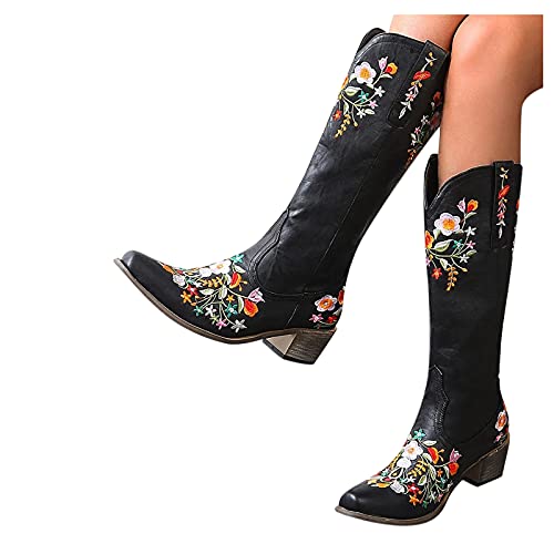 Damen Vintage Cowboystiefel Floral Bestickt PU Lange Stiefel Quadratische Absätze Slip On Schuhe Winter Klassische Hoch Boots Schlupfstiefel Westernstiefel Ankle Boots Stiefeletten Freizeitschuhe von Dasongff