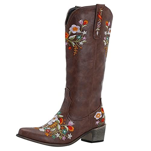 Damen Vintage Cowboystiefel Floral Bestickt PU Lange Stiefel Quadratische Absätze Slip On Schuhe Winter Klassische Hoch Boots Schlupfstiefel Westernstiefel Ankle Boots Stiefeletten Freizeitschuhe von Dasongff