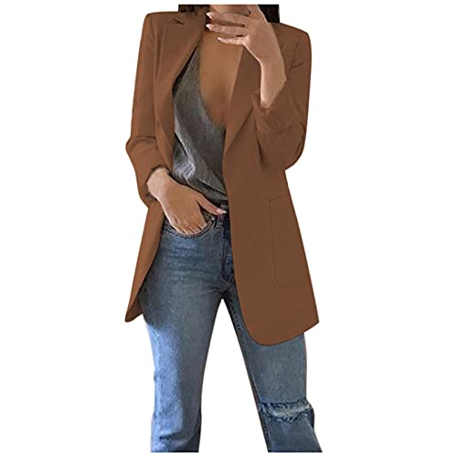 Dasongff Blazer Damen Elegant Langarm Geschäft Büro Jacke Kurz Mantel mit Tasche Kurzblazer Trenchcoat Parka Übergangsjacke Einfarbig Anzüge Longblazer Outfit Elegant Slim Fit für Business Office von Dasongff