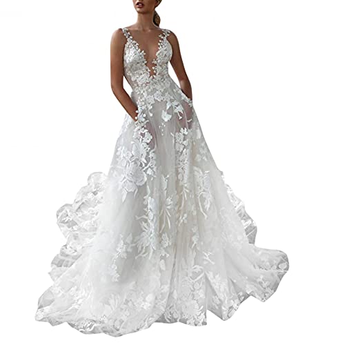 Dasongff Brautkleider Damen Hochzeitskleider A Linie Tiefes V-Ausschnitt Lang Weiß Brautkleider Elegant Spitze Brautmode Rückenfrei Abiball Prinzessin Kleider Abendkleider Hochzeit Cocktailkleider von Dasongff