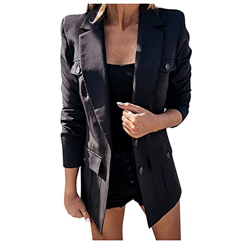 Dasongff Damen Einfarbig Blazer Langer Elegant Langarm mit Knopf Anzugjacke Mädchen Slim Fit Revers Outfit Geschäft Büro Jacke Kurz Mantel Anzüge Jacke Vorne Offen Longblazer für Office Business von Dasongff