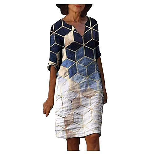 Dasongff Damen Kleider Böhmischer Stil Sommer V-Ausschnitt Leinenoptik Freizeitkleider Knielang Retro Druck Leinenkleid Frauen Strand Lässig Tunika Ärmeln Kleid Elegant Leinen Party Urlaubs Kleidung von Dasongff