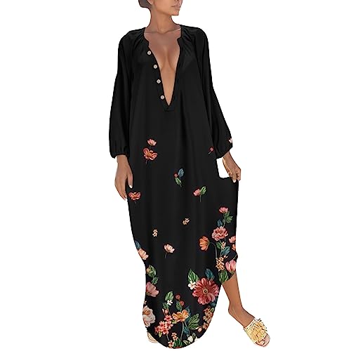 Dasongff Damen Kleider Maxikleid Langarm Sommerkleid V-Ausschnitt Kaftan Tshirt Kleid Lang Boho Freizeitkleid Sommer Übergröße Casual Lose Strandkleid Partykleider Abendkleid von Dasongff