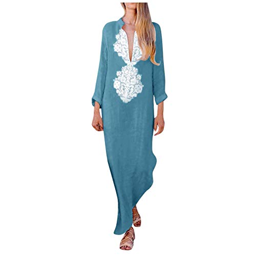 Dasongff Damen Kleider Maxikleid Langarm Sommerkleid V-Ausschnitt Kaftan Tshirt Kleid Lang Boho Freizeitkleid Sommer Übergröße Casual Lose Strandkleid Partykleider Abendkleid von Dasongff