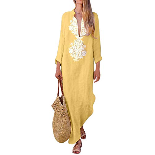 Dasongff Damen Kleider Maxikleid Langarm Sommerkleid V-Ausschnitt Kaftan Tshirt Kleid Lang Boho Freizeitkleid Sommer Übergröße Casual Lose Strandkleid Partykleider Abendkleid von Dasongff