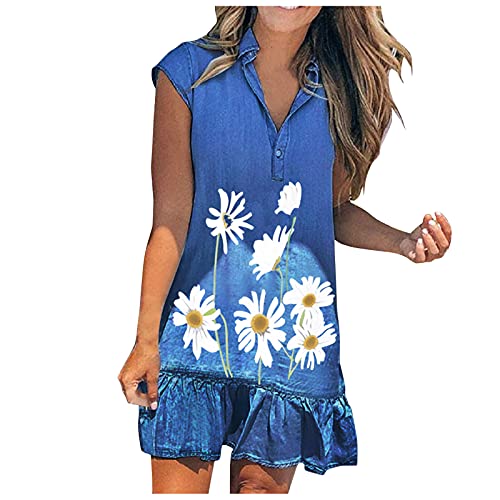 Dasongff Damen Kleider Strand Elegant Casual A-Linie Kleid Ärmellos Sommerkleider Denim Strandkleider Jeanskleider mit Knopf Freizeitkleider Leichte Boho Tunika Hemd Blusenkleid von Dasongff