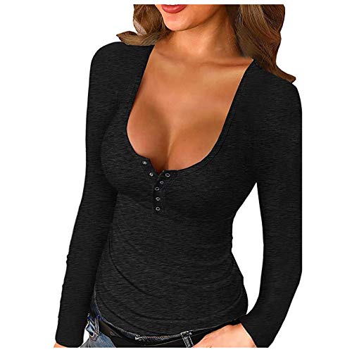 Dasongff Damen Langarmshirt Sexy Tief V-Ausschnitt Blusen Kurzarm Shirts Pullover mit Knöpfen Modisch Bluse Slim Fit Einfarbig Elegante Oberteile Tops Leicht Shaper Top Perfect Fasching Partytop von Dasongff