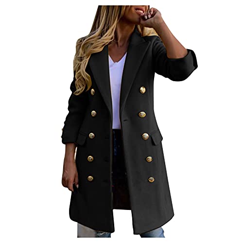 Dasongff Damen Lange Mantel Jacke Trenchcoat Herbst Winter Elegante Einfarbig Zweireihig Overcoat Übergangsjacke Faux Wollmantel Revers Lange Parka Coat Outwear Long Blazer Cardigan mit Taschen von Dasongff