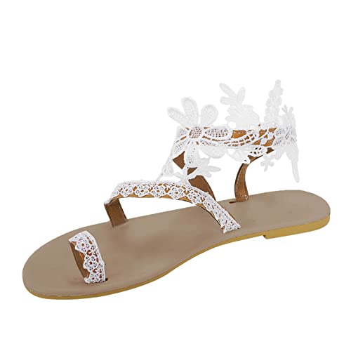 Dasongff Damen Riemchen Flache Sandalen Böhmen Strandsandalen Elegante Lace Spitze Blumen Sommerschuhe Freizeit Vintage Zehe Ring Gladiator Sandalen Römische Schuhe Zehentrenner Komfortable von Dasongff